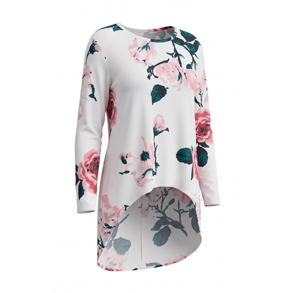 Floral High Low Tunic Top Long Sleeve Pink Rose Print‎ White XXL Women